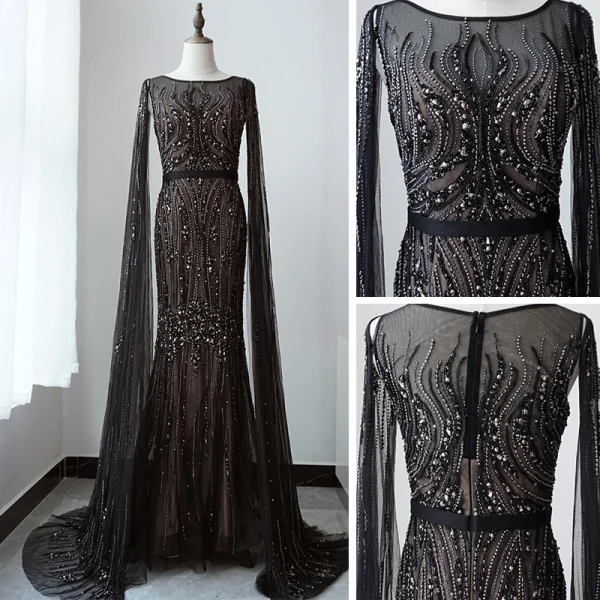 High End Schwarz Roter Teppich Abendkleider 2020 Meerjungfrau Durchsichtige Eckiger Ausschnitt Ärmellos Handgefertigt Perlenstickerei Stoffgürtel Sweep / Pinsel Zug Rüschen Festliche Kleider