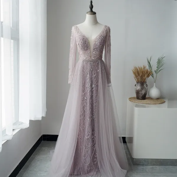 High-end Lilac Red Carpet Evening Dresses  2020 A-Line / Princess See-through Deep V-Neck Long Sleeve Beading Rhinestone Floor-Length / Long Ruffle Backless Formal Dresses
