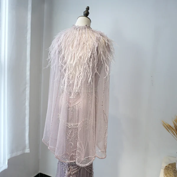Luxe Violet Tapis rouge Robe De Soirée Avec Châle 2020 Trompette / Sirène Col v profond Sans Manches Perlage Plumes Train De Balayage Volants Dos Nu Robe De Ceremonie