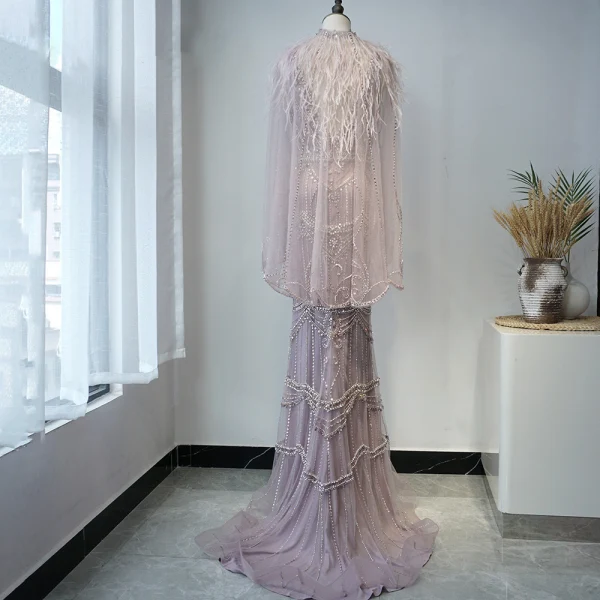 Luxe Violet Tapis rouge Robe De Soirée Avec Châle 2020 Trompette / Sirène Col v profond Sans Manches Perlage Plumes Train De Balayage Volants Dos Nu Robe De Ceremonie