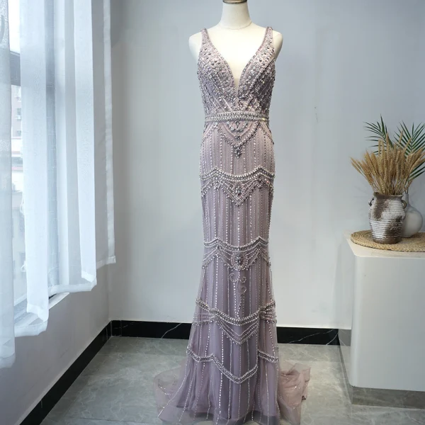 Luxe Violet Tapis rouge Robe De Soirée Avec Châle 2020 Trompette / Sirène Col v profond Sans Manches Perlage Plumes Train De Balayage Volants Dos Nu Robe De Ceremonie