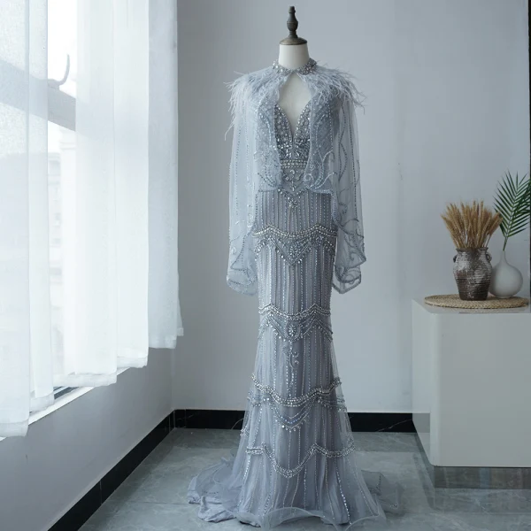 Luxe Violet Tapis rouge Robe De Soirée Avec Châle 2020 Trompette / Sirène Col v profond Sans Manches Perlage Plumes Train De Balayage Volants Dos Nu Robe De Ceremonie