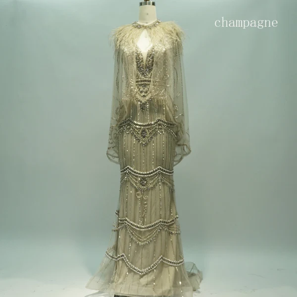 Luxe Violet Tapis rouge Robe De Soirée Avec Châle 2020 Trompette / Sirène Col v profond Sans Manches Perlage Plumes Train De Balayage Volants Dos Nu Robe De Ceremonie