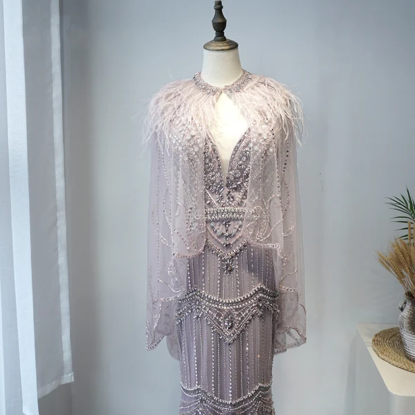 Luxe Violet Tapis rouge Robe De Soirée Avec Châle 2020 Trompette / Sirène Col v profond Sans Manches Perlage Plumes Train De Balayage Volants Dos Nu Robe De Ceremonie