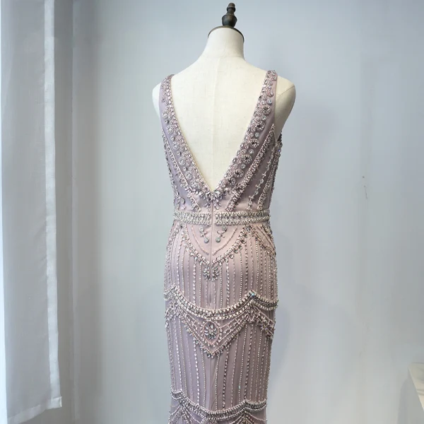 Luxe Violet Tapis rouge Robe De Soirée Avec Châle 2020 Trompette / Sirène Col v profond Sans Manches Perlage Plumes Train De Balayage Volants Dos Nu Robe De Ceremonie