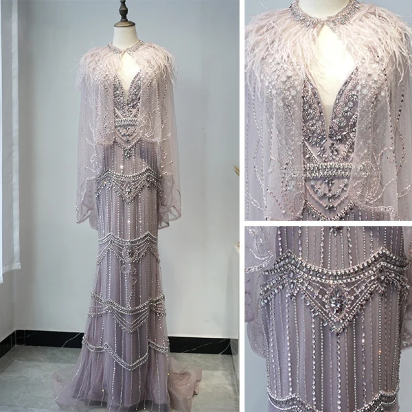 Luxe Violet Tapis rouge Robe De Soirée Avec Châle 2020 Trompette / Sirène Col v profond Sans Manches Perlage Plumes Train De Balayage Volants Dos Nu Robe De Ceremonie