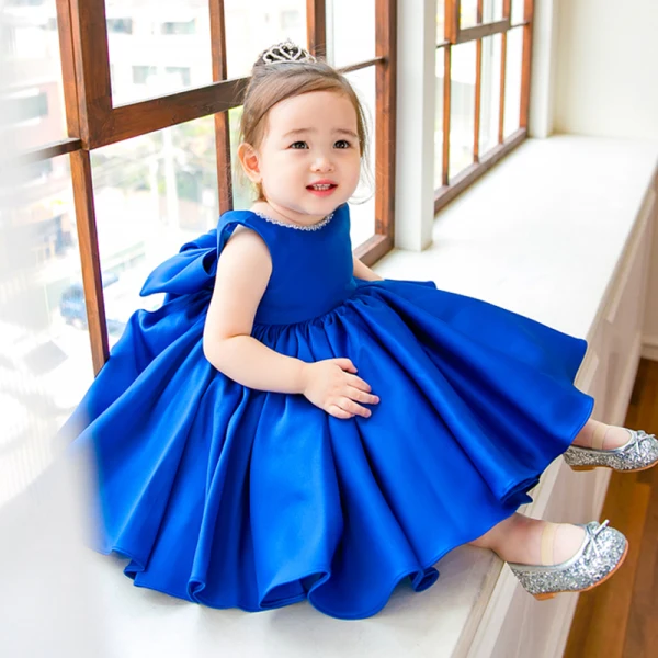 Lovely Royal Blue Satin Birthday Flower Girl Dresses 2020 Ball Gown Scoop Neck Bow Short