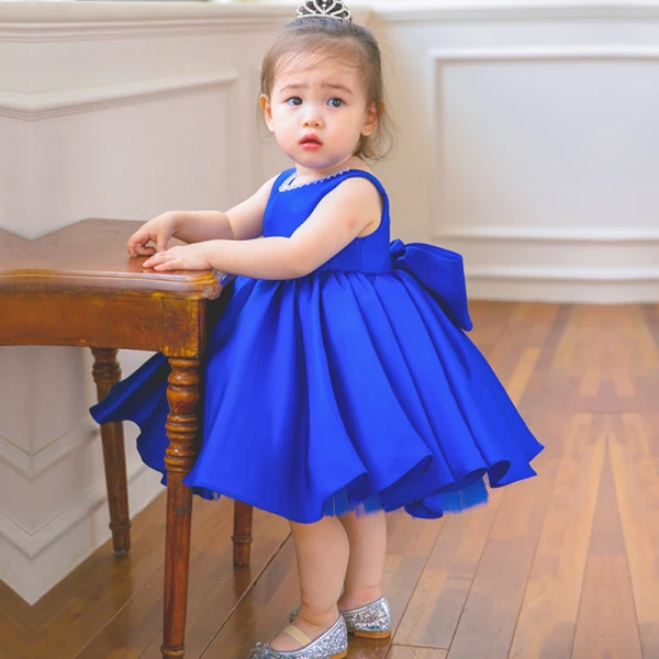 Lovely Royal Blue Satin Birthday Flower Girl Dresses 2020 Ball Gown Scoop Neck Bow Short