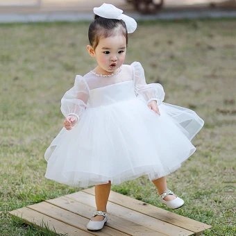 Style Victorien Blanche Transparentes Robe Ceremonie Fille 2020 Princesse Encolure Dégagée Gonflée Manches Longues Perlage Noeud Courte Robe Pour Mariage