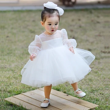 Victorian Style White See Through Flower Girl Dresses 2020 Princess Scoop Neck Puffy Long Sleeve Beading Bow Short Wedding Party Dresses
