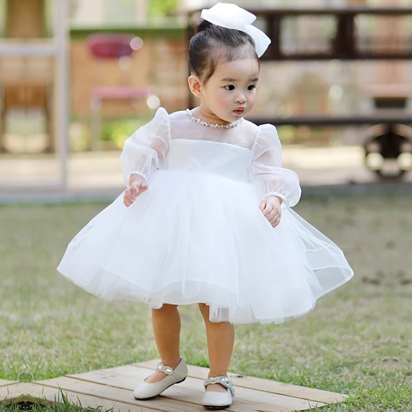 Victorian Style White See-through Flower Girl Dresses 2020 Princess Scoop Neck Puffy Long Sleeve Beading Bow Short Wedding Party Dresses