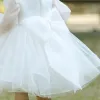 Style Victorien Blanche Transparentes Robe Ceremonie Fille 2020 Princesse Encolure Dégagée Gonflée Manches Longues Perlage Noeud Courte Robe Pour Mariage