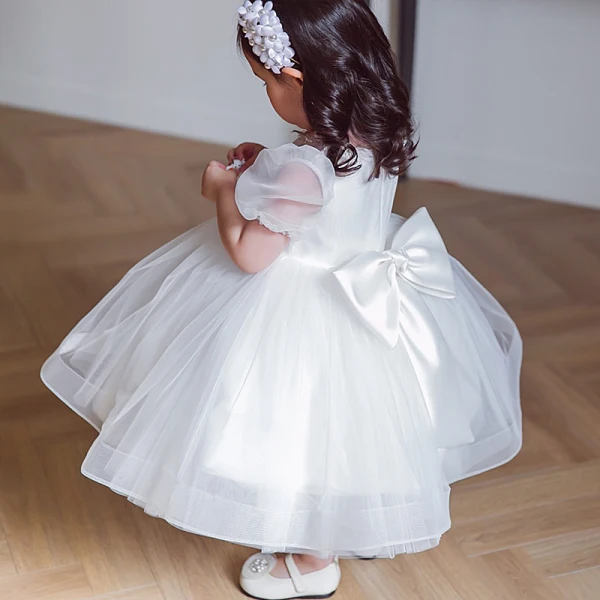 Elegant White See-through Wedding Flower Girl Dresses 2020 Princess Scoop Neck Puffy Short Sleeve Beading Bow Short Wedding Party Dresses