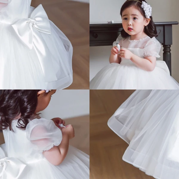 Elegant White See-through Wedding Flower Girl Dresses 2020 Princess Scoop Neck Puffy Short Sleeve Beading Bow Short Wedding Party Dresses