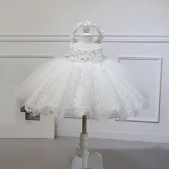 Chic Beautiful Ivory Flower Girl Dresses 2020 Ball Gown Scoop Neck Sleeveless Appliques Flower Beading Bow Short Ruffle Wedding Party Dresses