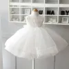 Piękne Kość Słoniowa Sukienki Dla Dziewczynek 2020 Suknia Balowa Wycięciem Bez Rękawów Aplikacje Z Koronki Kokarda Krótkie Wzburzyć Sukienki Na Wesele