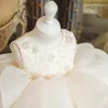 Piękne Kość Słoniowa Organza Sukienki Dla Dziewczynek 2020 Suknia Balowa Wycięciem Bez Rękawów Aplikacje Z Koronki Perła Krótkie Wzburzyć Sukienki Na Wesele