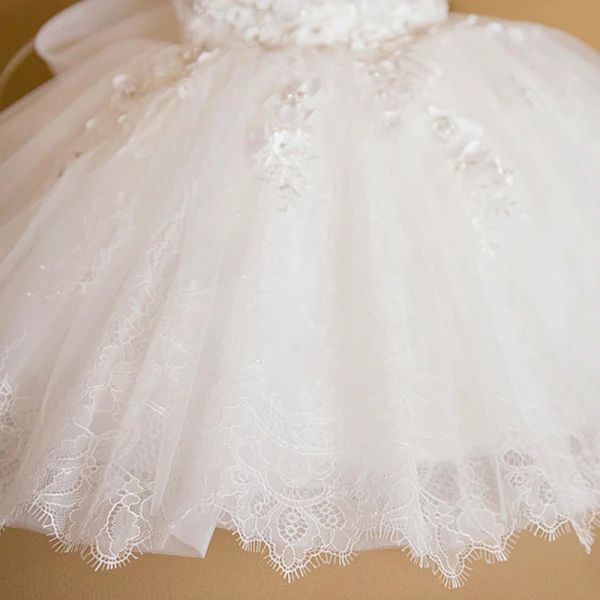 Best Ivory Birthday Flower Girl Dresses 2020 Ball Gown See-through Scoop Neck Sleeveless Appliques Flower Beading Bow Short Ruffle Wedding Party Dresses
