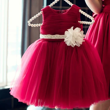 Chic Beautiful Red Birthday Flower Girl Dresses 2020 Ball Gown Scoop Neck Sleeveless Flower Sash Short Ruffle Wedding Party Dresses