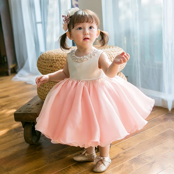 Lovely Pearl Pink Organza Birthday Flower Girl Dresses 2020 Ball Gown Scoop Neck Sleeveless Pearl Short Ruffle Wedding Party Dresses