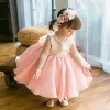 Śliczny Różowy Perłowy Organza Urodziny Sukienki Dla Dziewczynek 2020 Suknia Balowa Wycięciem Bez Rękawów Perła Krótkie Wzburzyć Sukienki Na Wesele