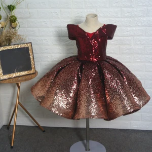 Fancy Burgundy Sequins Birthday Flower Girl Dresses 2020 Ball Gown Off The Shoulder Short Sleeve Short Backless Wedding Party Dresses