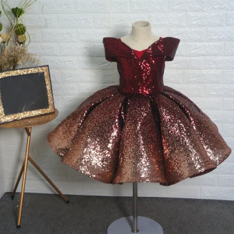 Fancy Burgundy Sequins Birthday Flower Girl Dresses 2020 Ball Gown Off The Shoulder Short Sleeve Short Backless Wedding Party Dresses