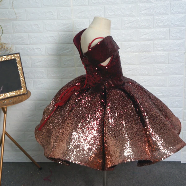 Fancy Burgundy Sequins Birthday Flower Girl Dresses 2020 Ball Gown Off-The-Shoulder Short Sleeve Short Backless Wedding Party Dresses
