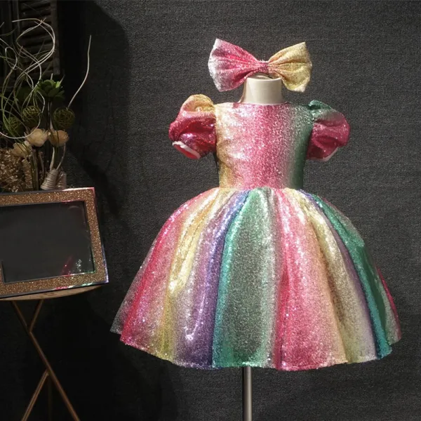 Rainbow Multi-Colors Sequins Birthday Flower Girl Dresses 2020 Ball Gown Scoop Neck Puffy Short Sleeve Short Ruffle Wedding Party Dresses