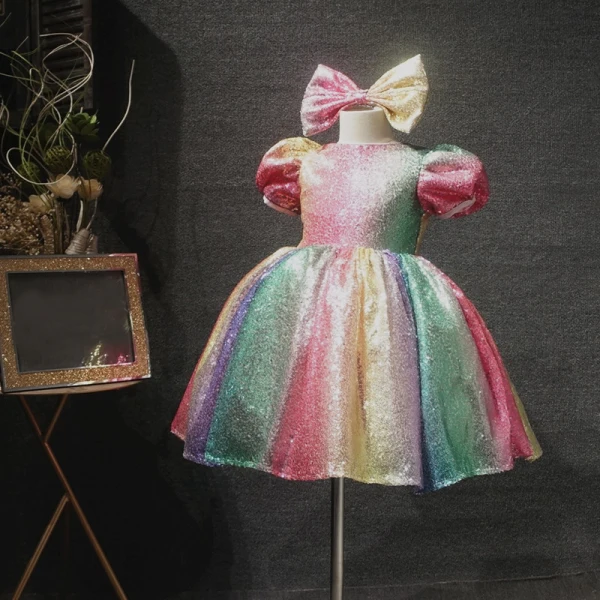 Rainbow Multi-Colors Sequins Birthday Flower Girl Dresses 2020 Ball Gown Scoop Neck Puffy Short Sleeve Short Ruffle Wedding Party Dresses