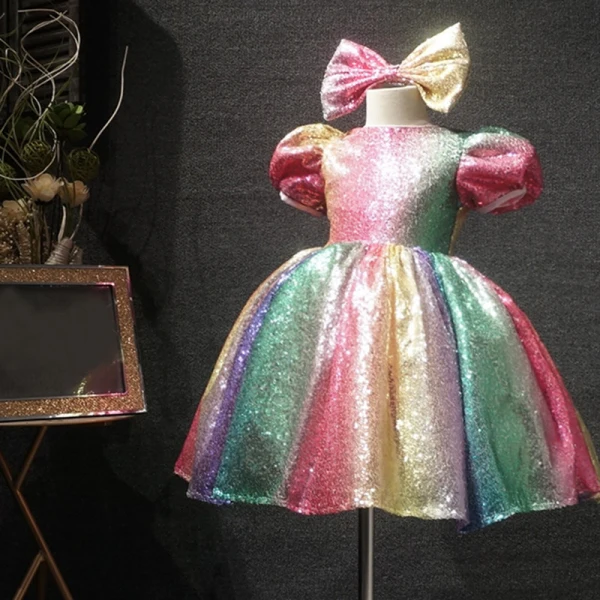 Rainbow Multi-Colors Sequins Birthday Flower Girl Dresses 2020 Ball Gown Scoop Neck Puffy Short Sleeve Short Ruffle Wedding Party Dresses