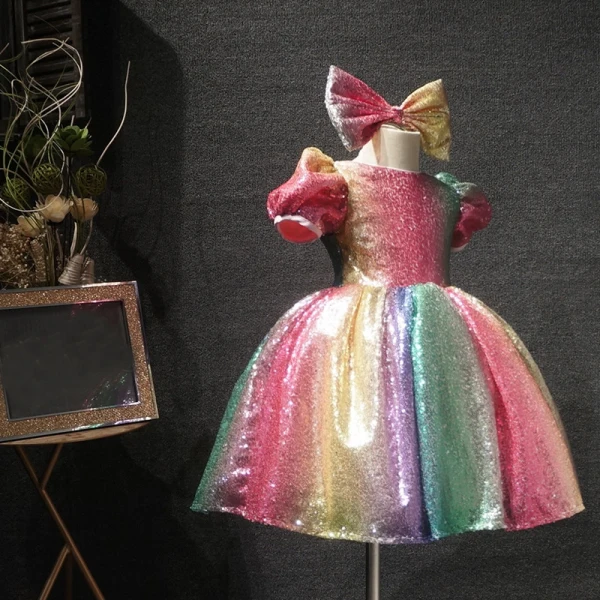 Rainbow Multi-Colors Sequins Birthday Flower Girl Dresses 2020 Ball Gown Scoop Neck Puffy Short Sleeve Short Ruffle Wedding Party Dresses