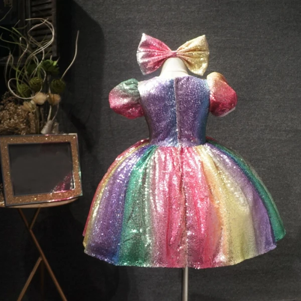 Rainbow Multi-Colors Sequins Birthday Flower Girl Dresses 2020 Ball Gown Scoop Neck Puffy Short Sleeve Short Ruffle Wedding Party Dresses