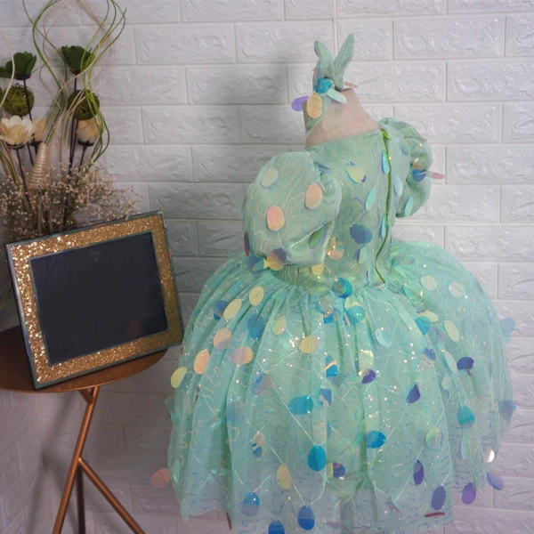 Fairytale Mint Green Birthday Flower Girl Dresses 2020 Ball Gown Scoop Neck Puffy Short Sleeve Sequins Short Ruffle Wedding Party Dresses