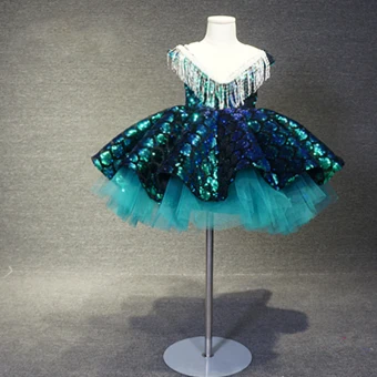 Fancy Dark Green Birthday Flower Girl Dresses 2020 Ball Gown See Through Scoop Neck Sleeveless Sequins Beading Tassel Short Backless Wedding Party Dresses