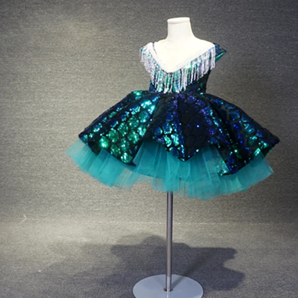 Fancy Dark Green Birthday Flower Girl Dresses 2020 Ball Gown See-through Scoop Neck Sleeveless Sequins Beading Tassel Short Backless Wedding Party Dresses