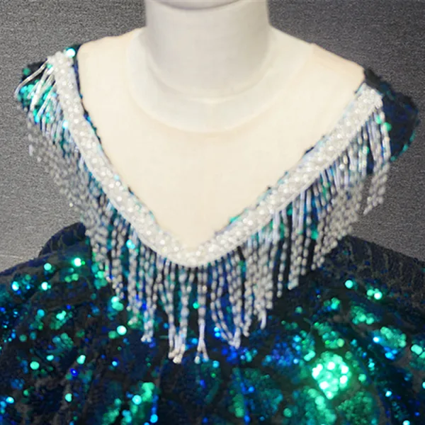 Fancy Dark Green Birthday Flower Girl Dresses 2020 Ball Gown See-through Scoop Neck Sleeveless Sequins Beading Tassel Short Backless Wedding Party Dresses