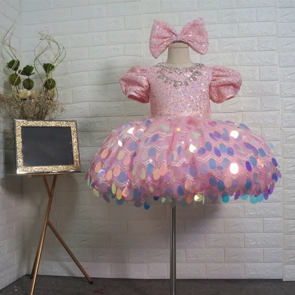 Bajka Rumieniąc Różowy Urodziny Sukienki Dla Dziewczynek 2020 Suknia Balowa Wycięciem Bufiasta Kótkie Rękawy Rhinestone Cekiny Krótkie Wzburzyć Sukienki Na Wesele