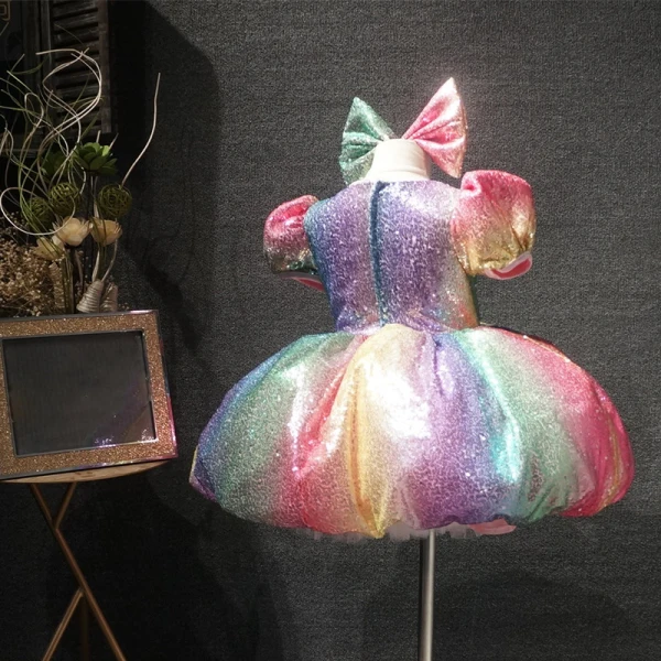 Fairytale Rainbow Birthday Flower Girl Dresses 2020 Ball Gown Scoop Neck Puffy Short Sleeve Multi-Colors Sequins Short Wedding Party Dresses