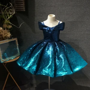 Conte De Fée Bleu D Encre Anniversaire Robe Ceremonie Fille 2020 Robe Boule De L 039 Épaule Manches Courtes Paillettes Courte Volants Dos Nu Robe Pour Mariage
