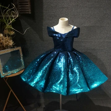 Fairytale Ink Blue Birthday Flower Girl Dresses 2020 Ball Gown Off The Shoulder Short Sleeve Sequins Short Ruffle Backless Wedding Party Dresses