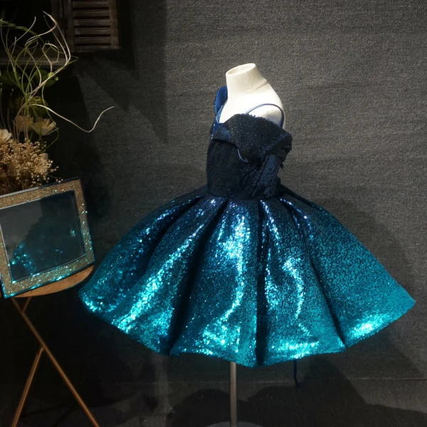Fairytale Ink Blue Birthday Flower Girl Dresses 2020 Ball Gown Off-The-Shoulder Short Sleeve Sequins Short Ruffle Backless Wedding Party Dresses