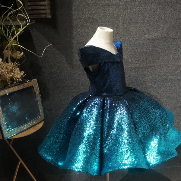 Fairytale Ink Blue Birthday Flower Girl Dresses 2020 Ball Gown Off-The-Shoulder Short Sleeve Sequins Short Ruffle Backless Wedding Party Dresses
