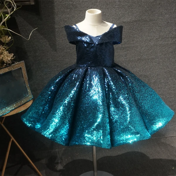 Fairytale Ink Blue Birthday Flower Girl Dresses 2020 Ball Gown Off-The-Shoulder Short Sleeve Sequins Short Ruffle Backless Wedding Party Dresses