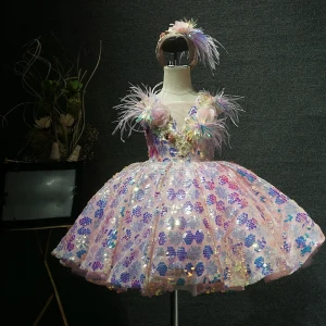 Fantaisie Rougissant Rose Anniversaire Robe Ceremonie Fille 2020 Robe Boule Transparentes V Cou Sans Manches Plumes Paillettes Fleur Courte Volants Robe Pour Mariage