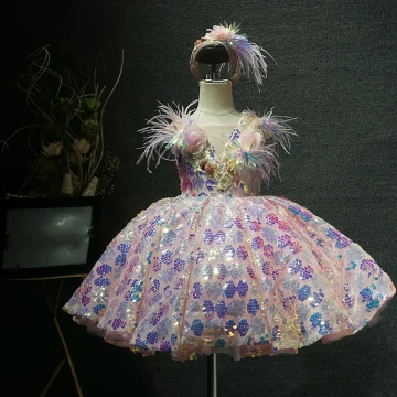 Fancy Blushing Pink Birthday Flower Girl Dresses 2020 Ball Gown See Through V Neck Sleeveless Feather Sequins Flower Short Ruffle Wedding Party Dresses
