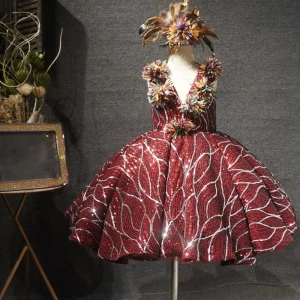 Sparkly Burgundy Birthday Flower Girl Dresses 2020 Ball Gown See Through Deep V Neck Sleeveless Sequins Flower Short Wedding Party Dresses