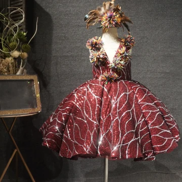 Sparkly Burgundy Birthday Flower Girl Dresses 2020 Ball Gown See Through Deep V Neck Sleeveless Sequins Flower Short Wedding Party Dresses
