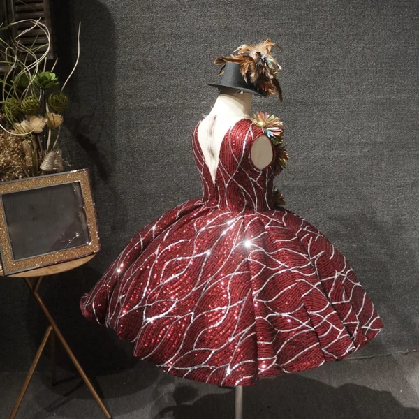 Sparkly Burgundy Birthday Flower Girl Dresses 2020 Ball Gown See-through Deep V-Neck Sleeveless Sequins Flower Short Wedding Party Dresses