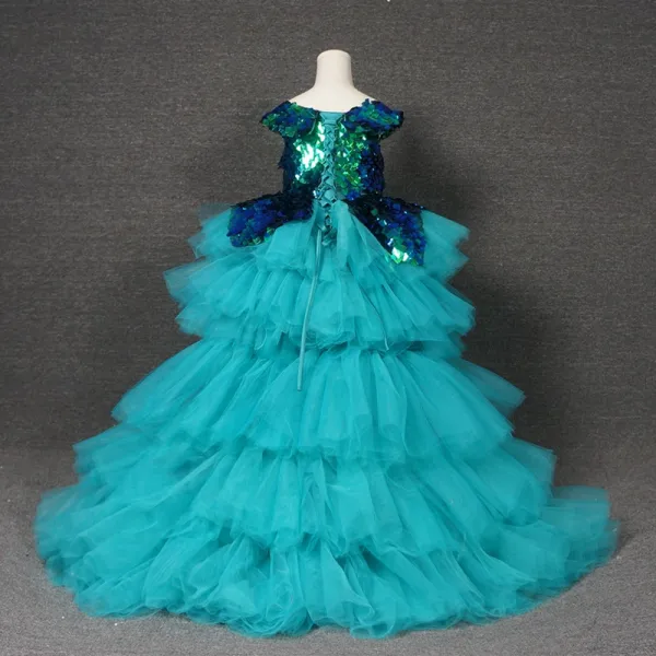 High Low Jade Green Birthday Flower Girl Dresses 2020 Ball Gown Scoop Neck Cap Sleeves Sequins Asymmetrical Cascading Ruffles Wedding Party Dresses